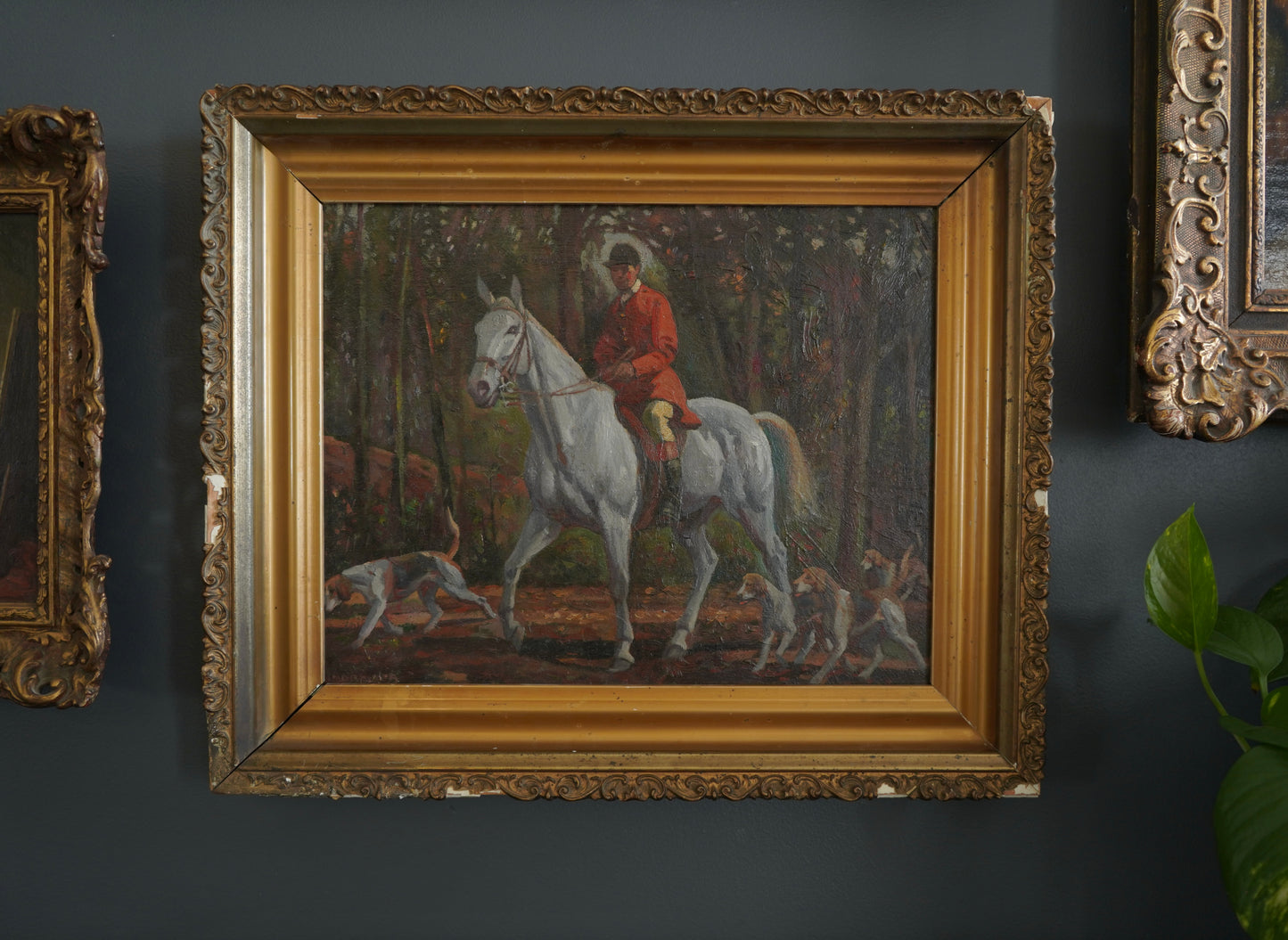 “Fox Hunt” Original British Sporting Art by Geoffrey Mortimer (1895–1986) – Mid 20th-Century British Equestrian Oil Painting in Antique Gilt Frame