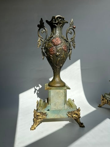 ^ Pair of Antique French Neoclassical Spelter and Onyx Urns with Gilt Brass Accents