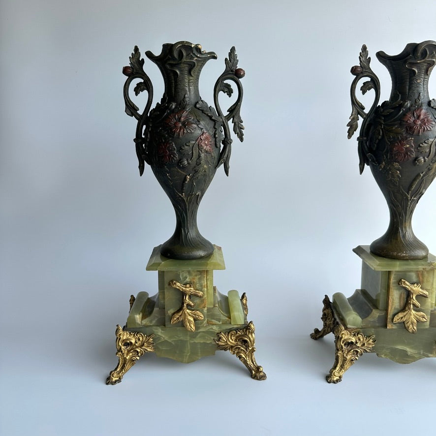 ^ Pair of Antique French Neoclassical Spelter and Onyx Urns with Gilt Brass Accents