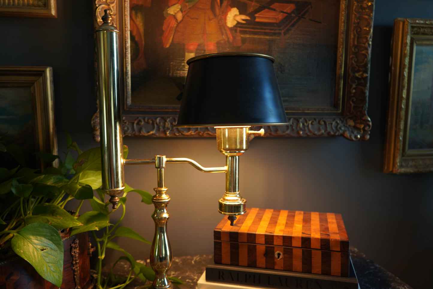 Vintage Brass Student Lamp with Metal Shade, Large