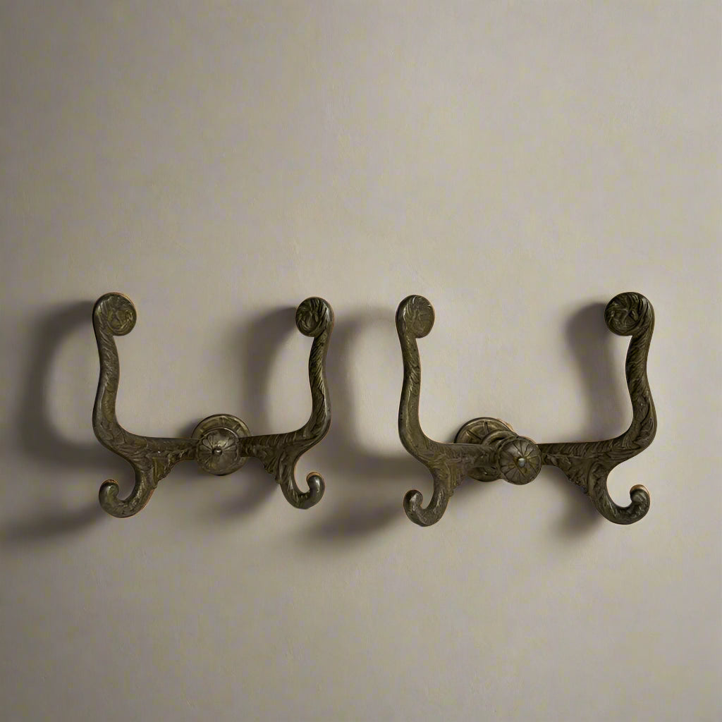 Antique Late Victorian Cast-Brass Double Wall Hooks (Pair)