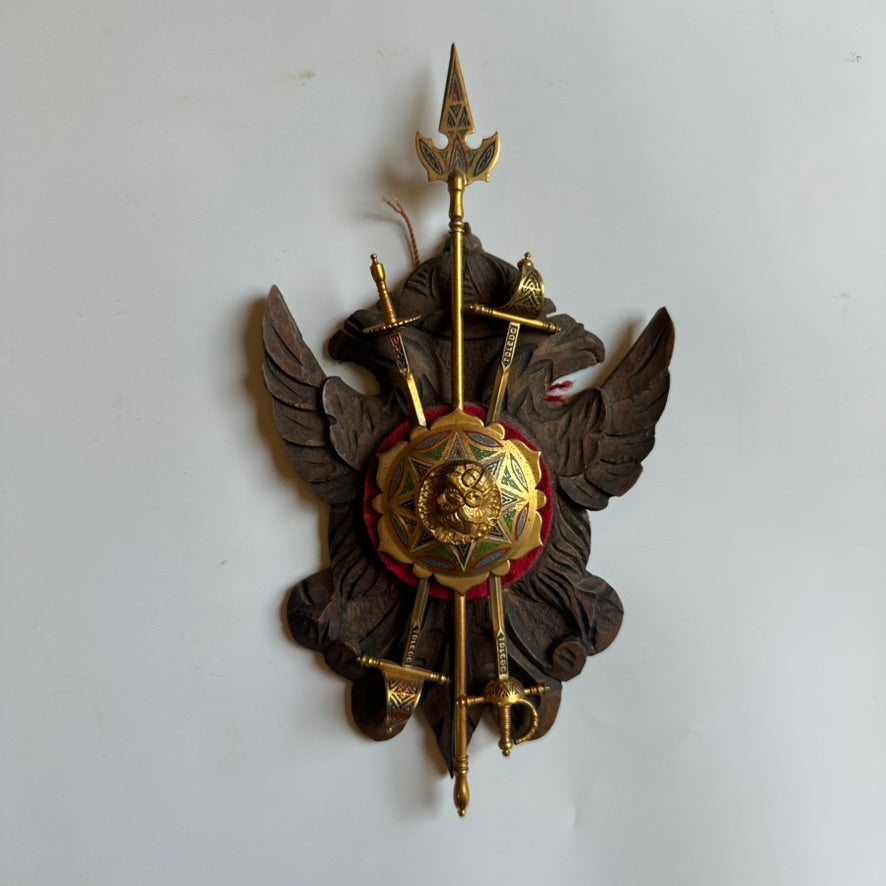 Mid-Century Spanish Toledo Miniature Armory Wall Plaque | Hand-Carved Heraldic Crest with Swords, Shield & Spear
