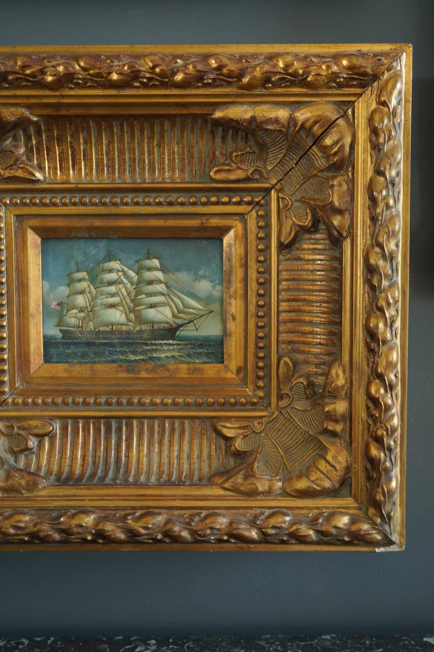 Mid-Century Hand-Painted Maritime Oil on Board in Ornate Carved Frame | American Clipper Ship Scene