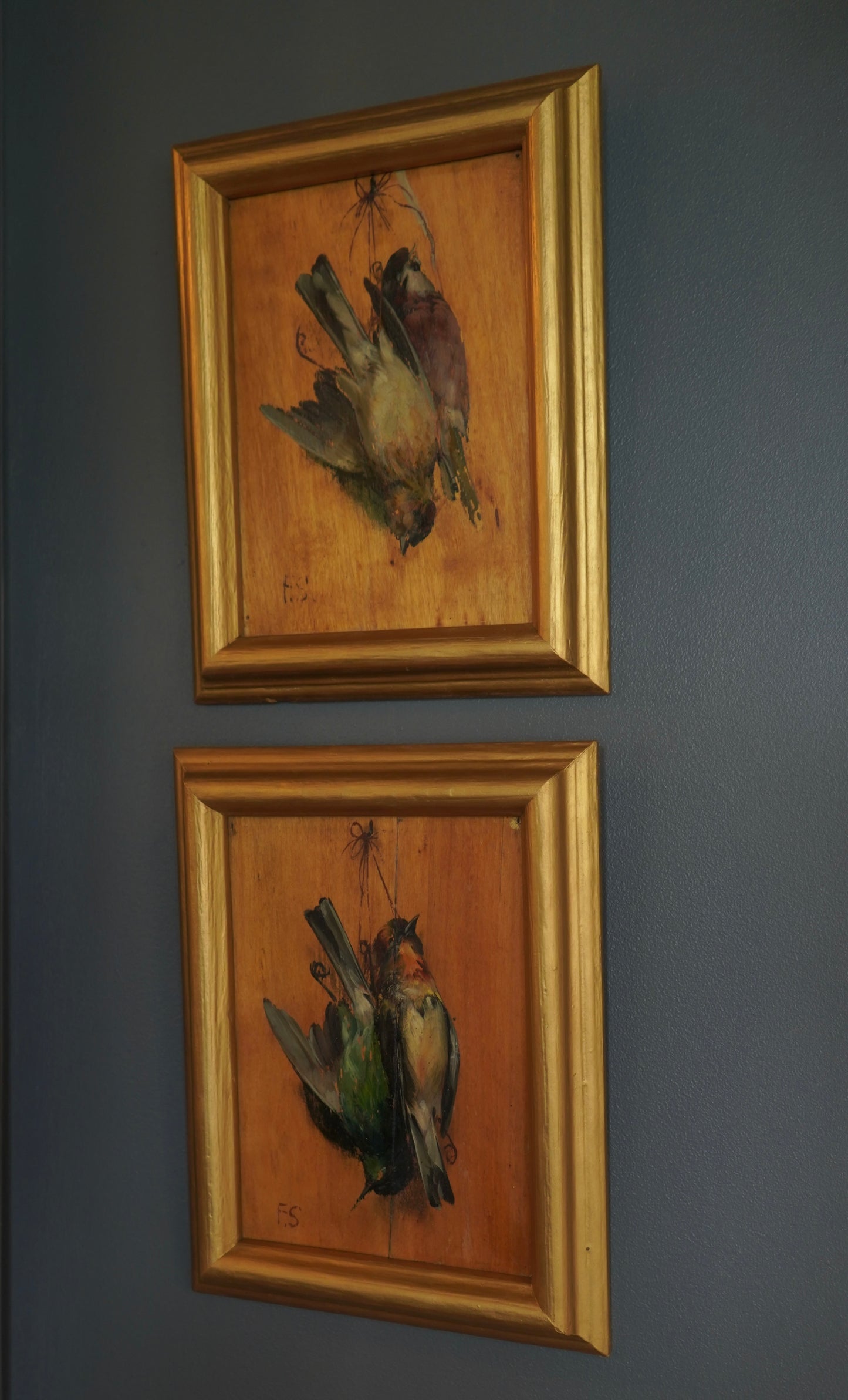 Pair of French “Art Mort” Oil Studies – 1920s Trompe-l’Œil Bird Paintings on Wood Panel, Signed F.S.