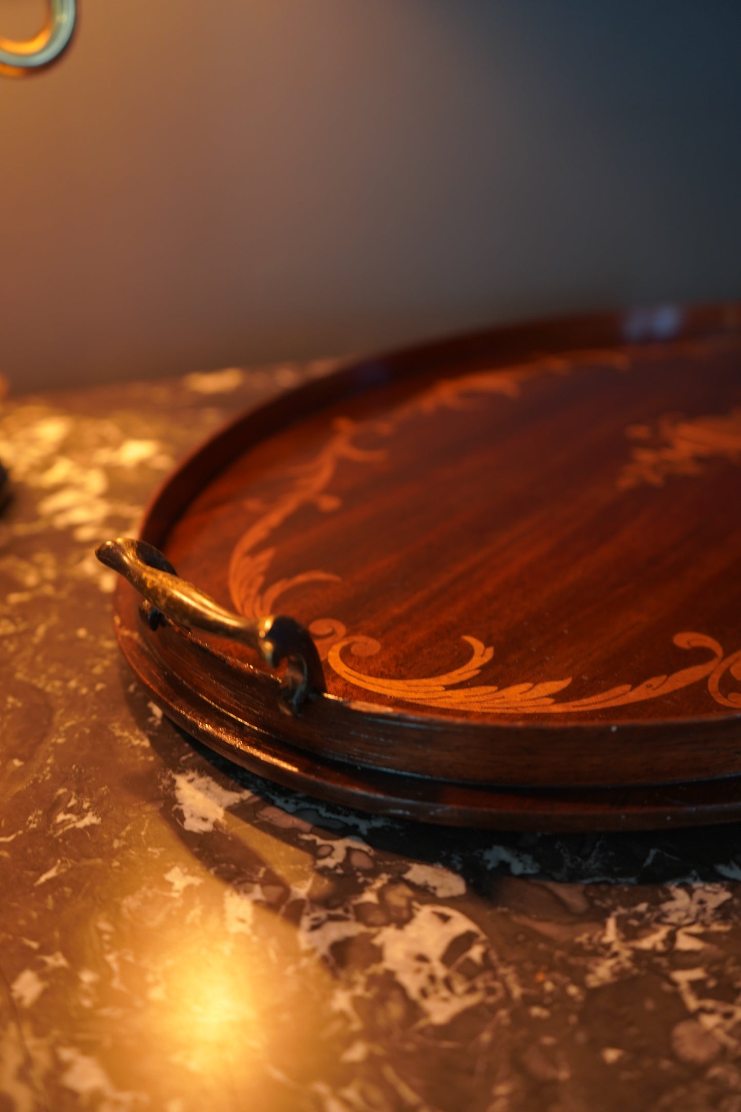 Edwardian Inlaid Mahogany Tray with Marquetry Urn Motif & Brass Handles, c.1900