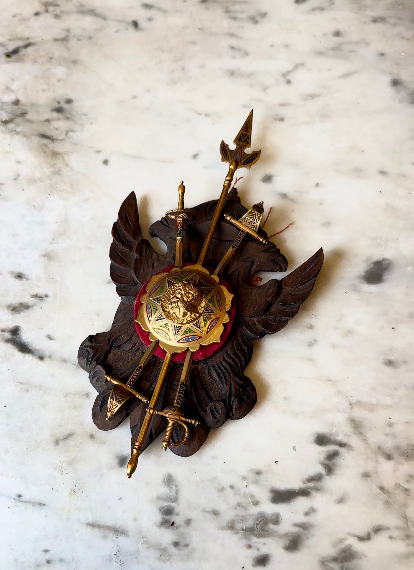 Mid-Century Spanish Toledo Miniature Armory Wall Plaque | Hand-Carved Heraldic Crest with Swords, Shield & Spear