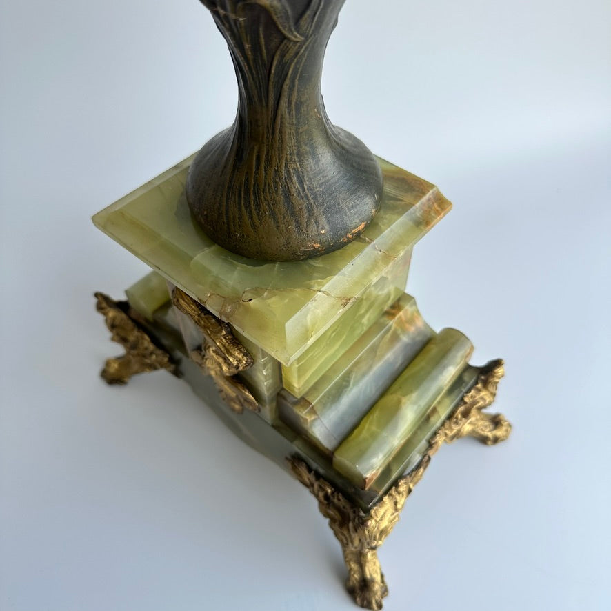 ^ Pair of Antique French Neoclassical Spelter and Onyx Urns with Gilt Brass Accents