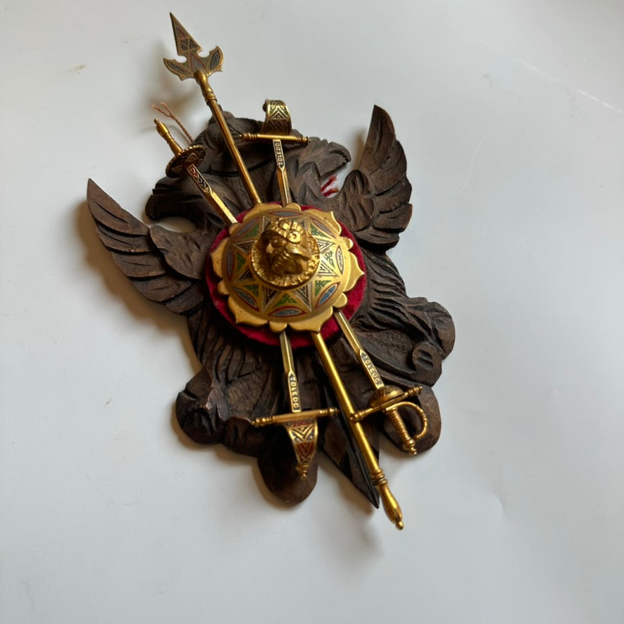 Mid-Century Spanish Toledo Miniature Armory Wall Plaque | Hand-Carved Heraldic Crest with Swords, Shield & Spear