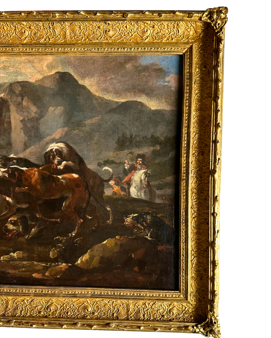 “Hounds Hunting Stag” – 18th Century French Oil Painting Attributed to the Fontainebleau Tradition