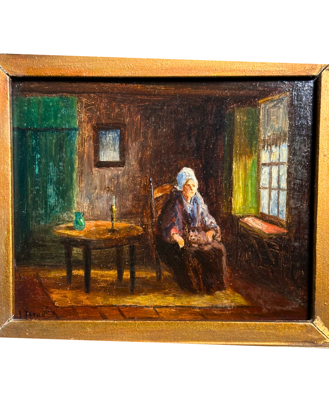 Antique Victorian Interior Scene Oil on Board, Small Antique English Oil Painting