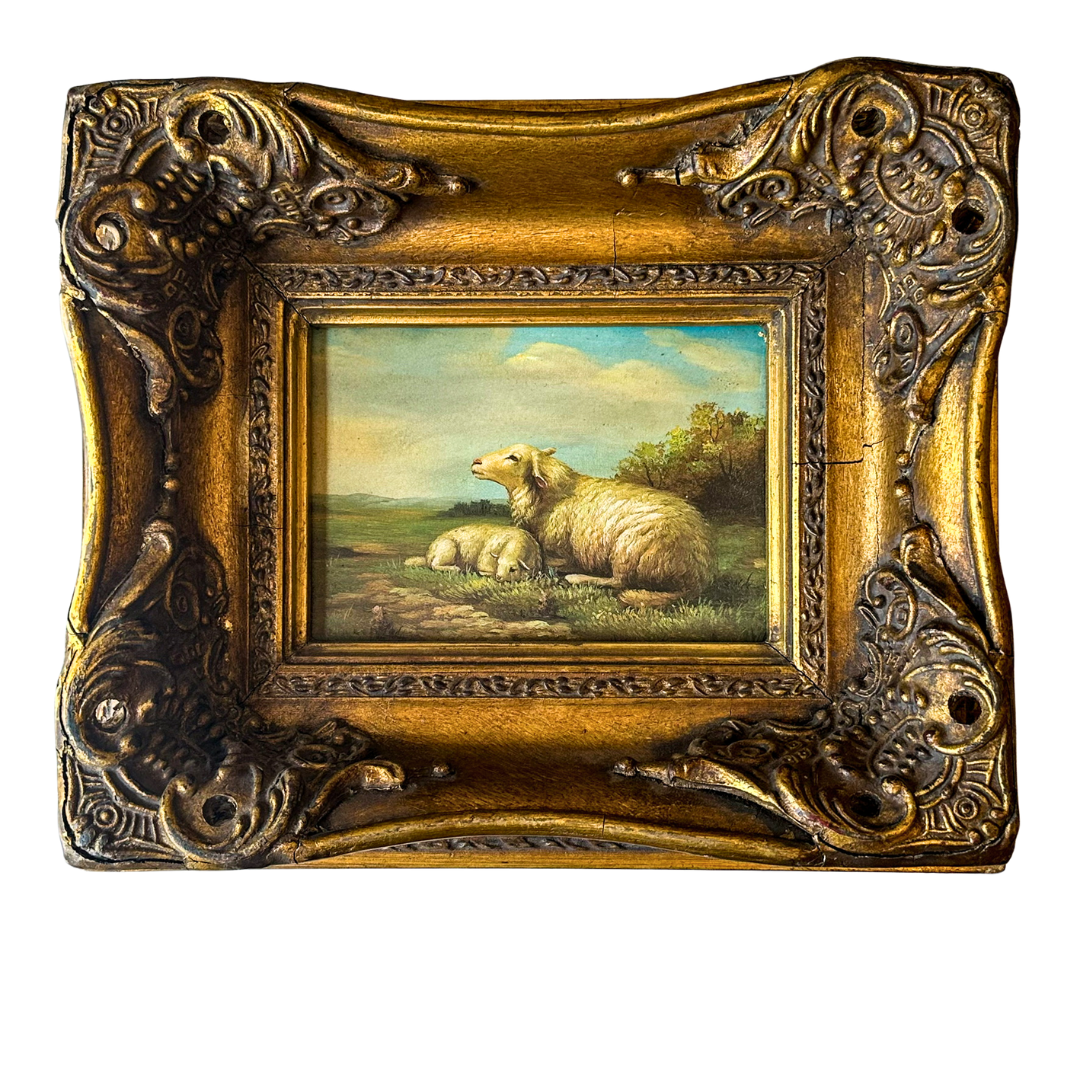 Framed Pastoral Sheep Painting, Vintage Decorative Oil on Board