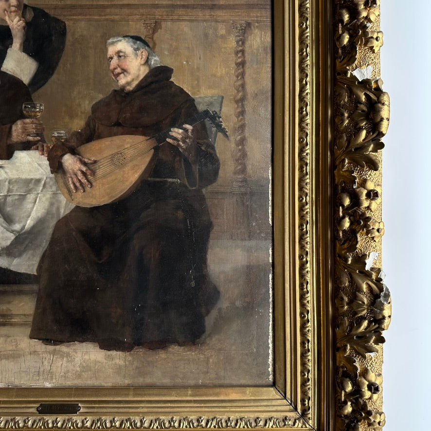 Late 1800s Monk Oil Painting Attributed to Heinrich Weber (1843-1913) in Ornate Gilded Frame