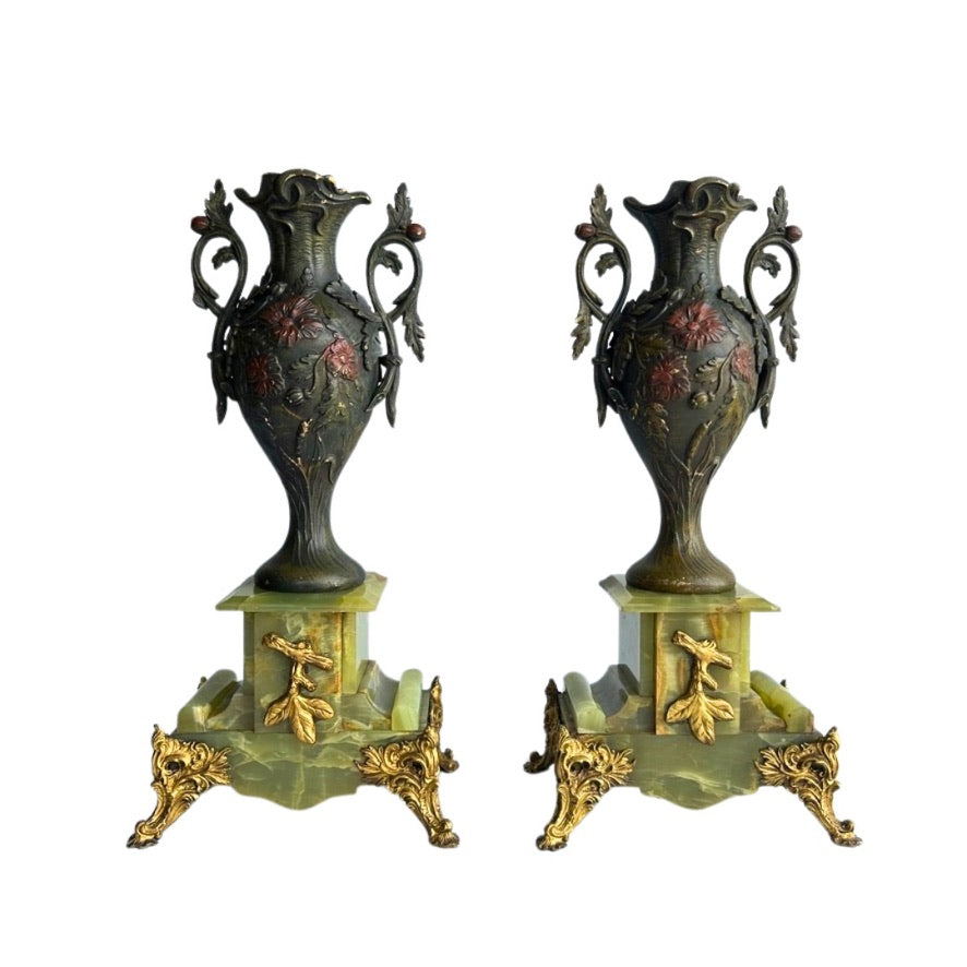 ^ Pair of Antique French Neoclassical Spelter and Onyx Urns with Gilt Brass Accents