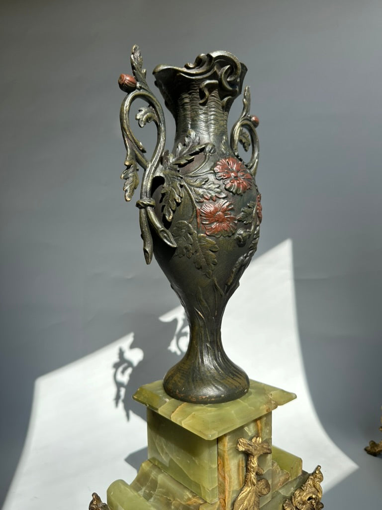 ^ Pair of Antique French Neoclassical Spelter and Onyx Urns with Gilt Brass Accents