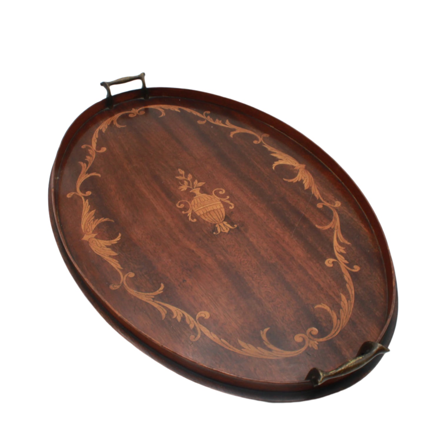 Edwardian Inlaid Mahogany Tray with Marquetry Urn Motif & Brass Handles, c.1900