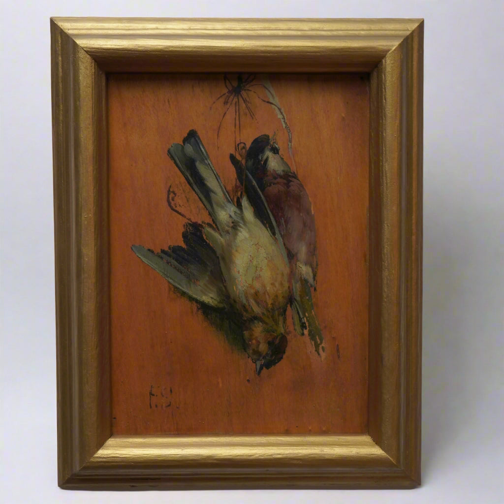 Pair of French “Art Mort” Oil Studies – 1920s Trompe-l’Œil Bird Paintings on Wood Panel, Signed F.S.