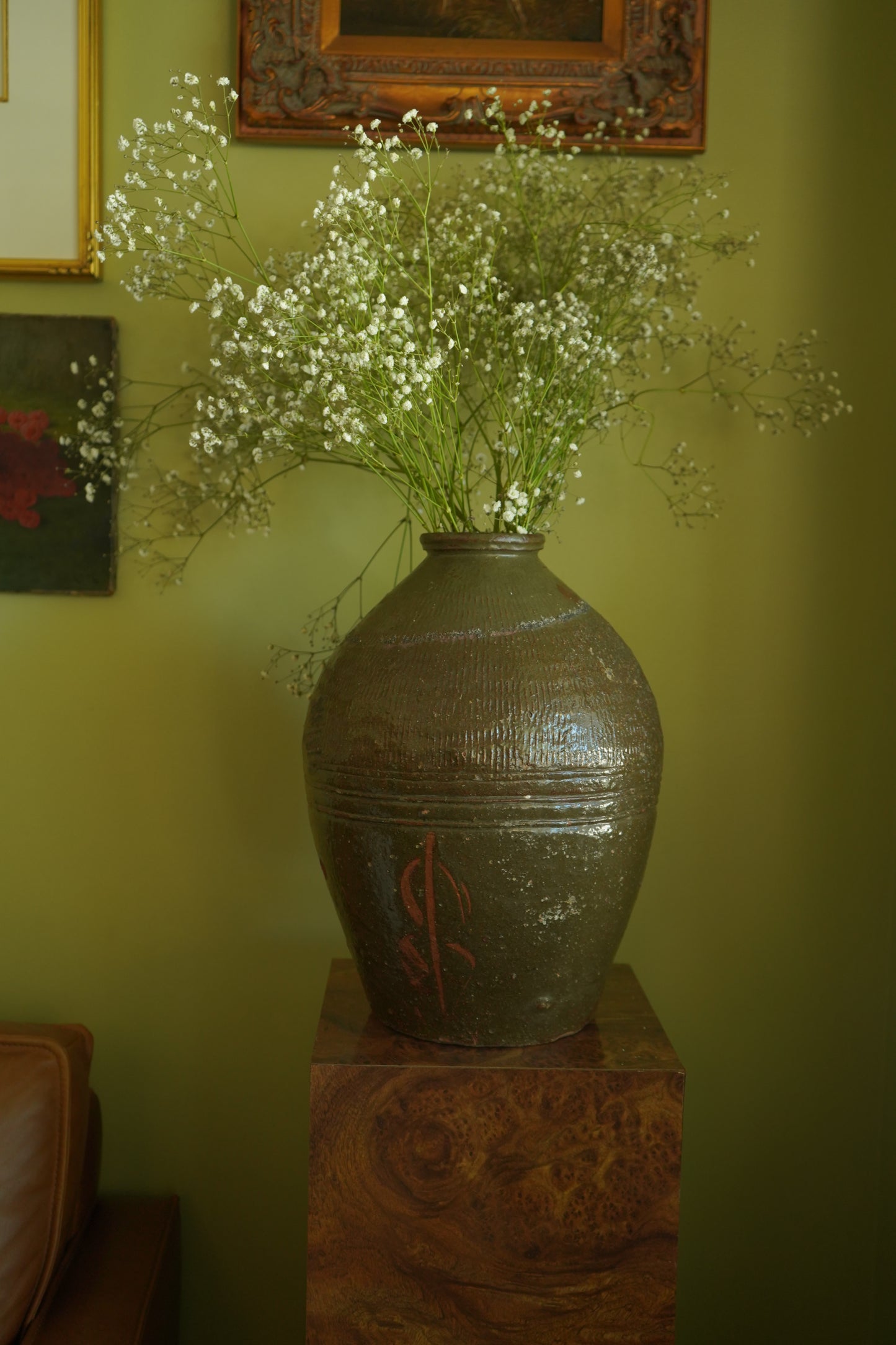 Vintage Green Asian Mijiu Jar, Large Vintage Chinese Oil Jar