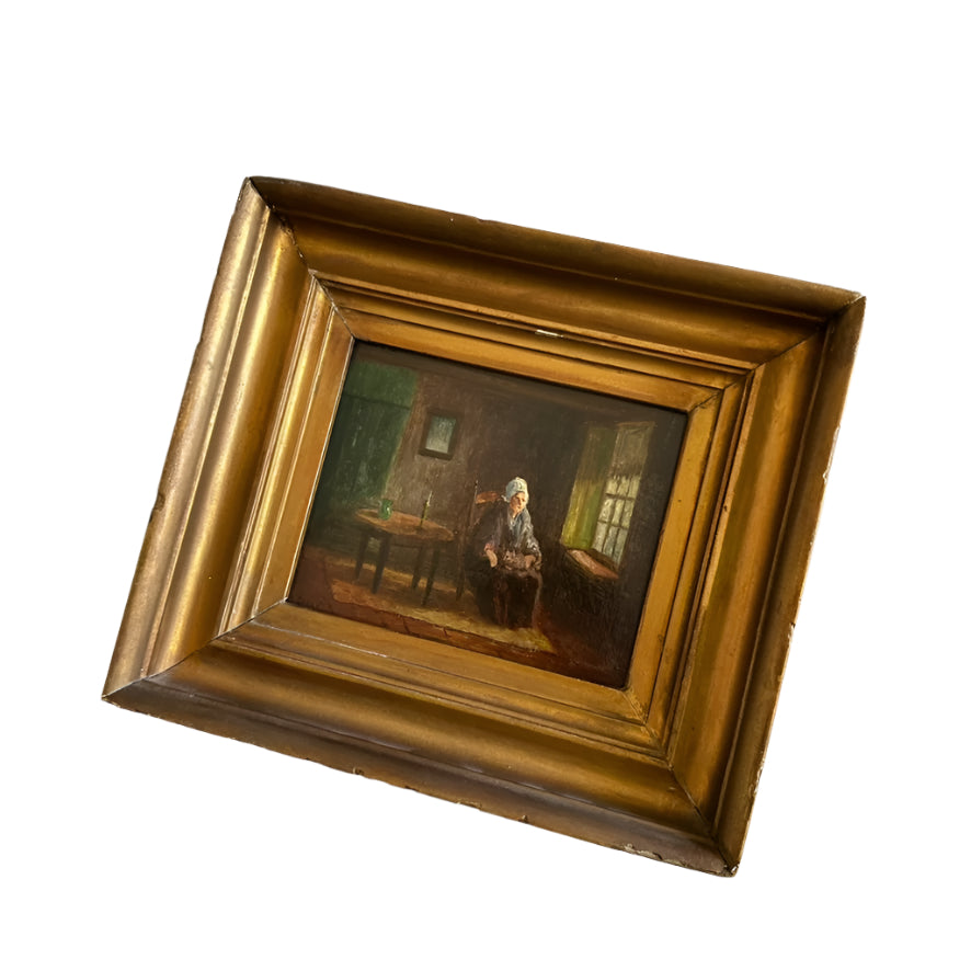 Antique Victorian Interior Scene Oil on Board, Small Antique English Oil Painting