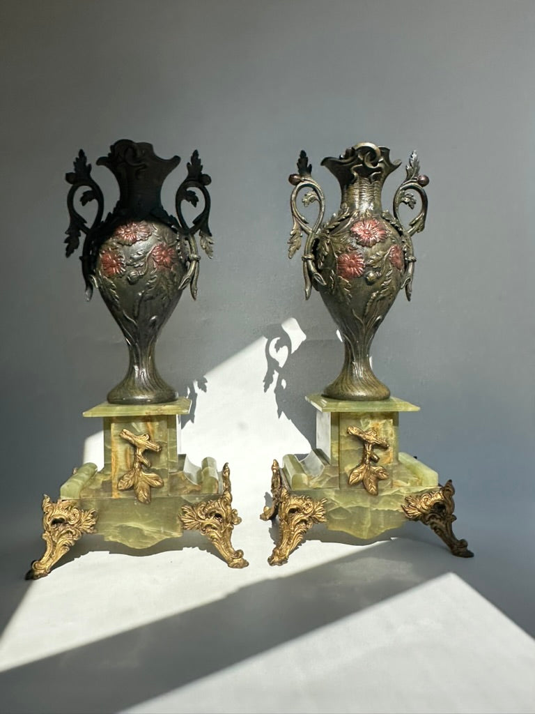 ^ Pair of Antique French Neoclassical Spelter and Onyx Urns with Gilt Brass Accents