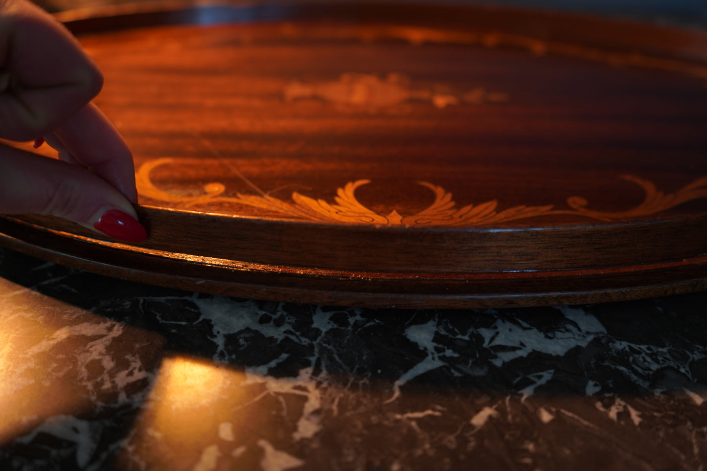Edwardian Inlaid Mahogany Tray with Marquetry Urn Motif & Brass Handles, c.1900