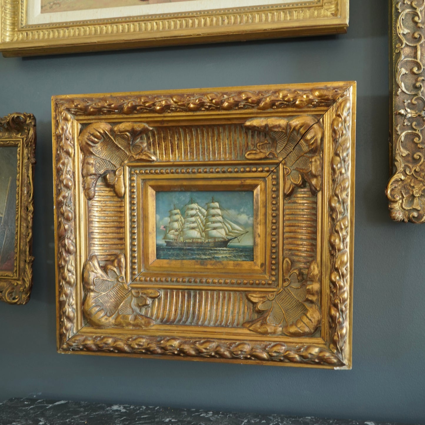 Mid-Century Hand-Painted Maritime Oil on Board in Ornate Carved Frame | American Clipper Ship Scene