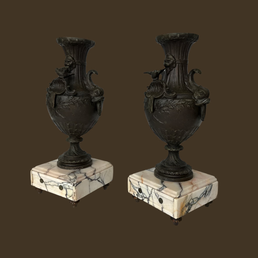 ^ Pair of 19th Century French Napoleon III Style Spelter & Marble Urns