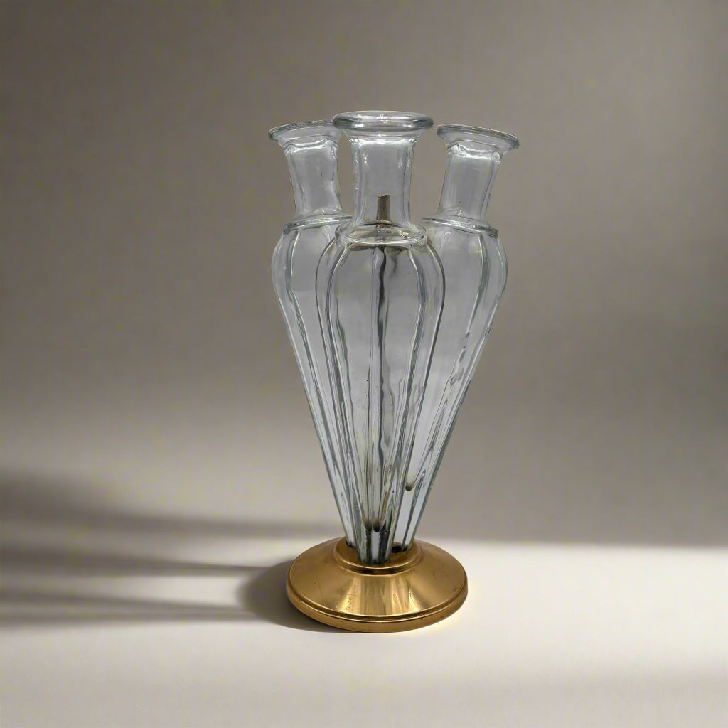 Vintage Triple Bud Vase | Mid Century Modern Glass Flutes on Gilded Base