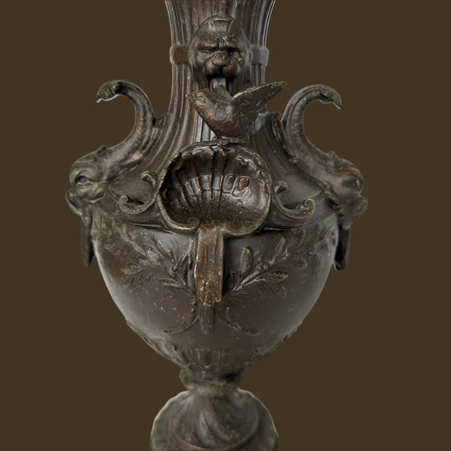 ^ Pair of 19th Century French Napoleon III Style Spelter & Marble Urns