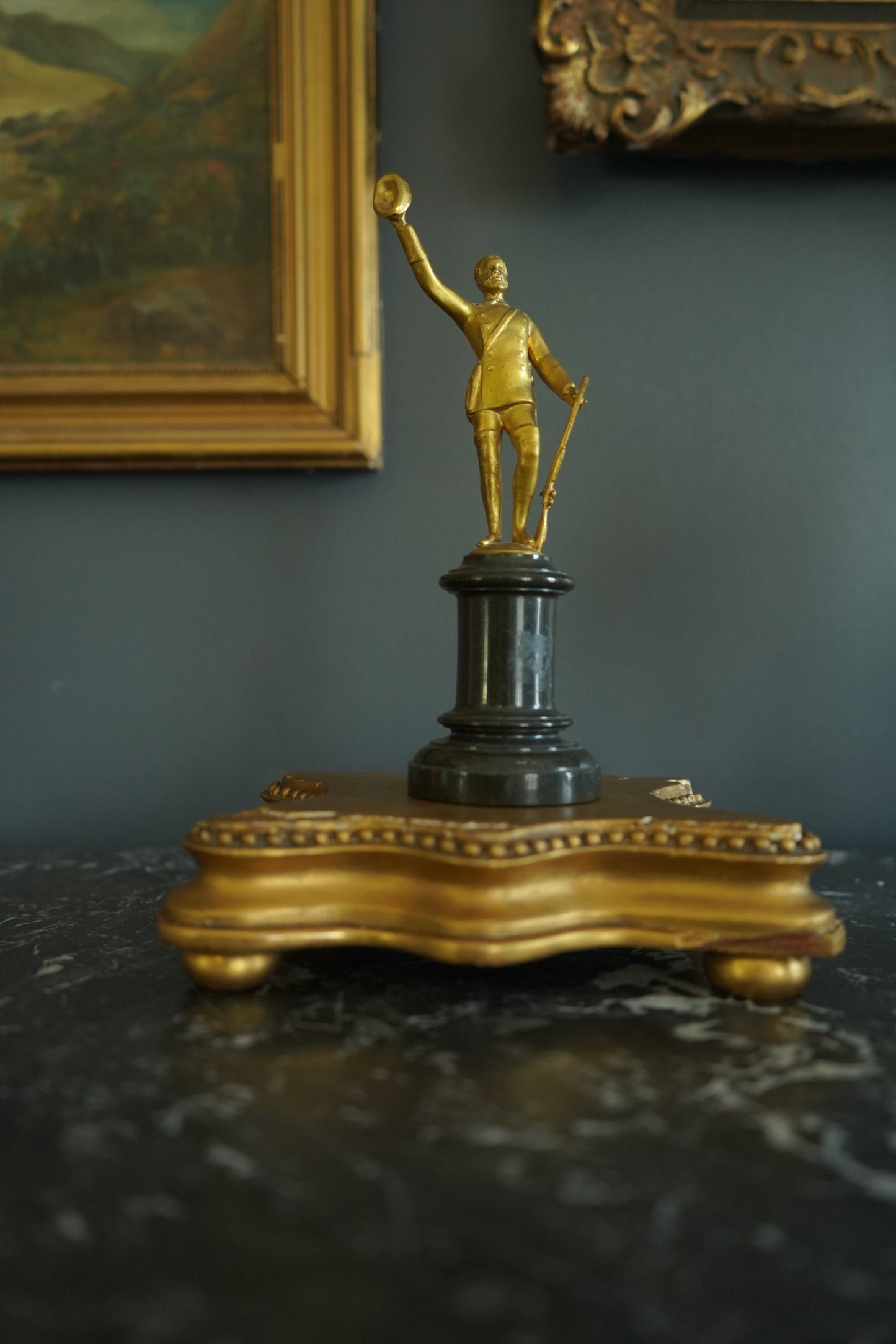 Small Antique Gilt Bronze ‘Gentleman Officer’ Figurine on a Black Marble Base