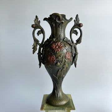 ^ Pair of Antique French Neoclassical Spelter and Onyx Urns with Gilt Brass Accents