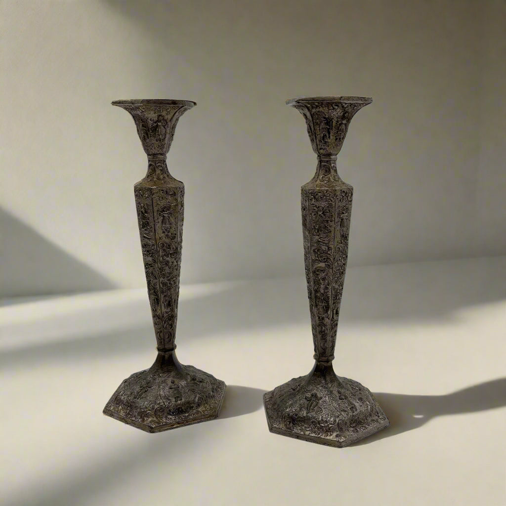 Pair of Weidlich Brothers Dutch Windmill Repoussee Silver Plated Candleholders, Pair of Vintage Silver-Plated Candlestick Holders