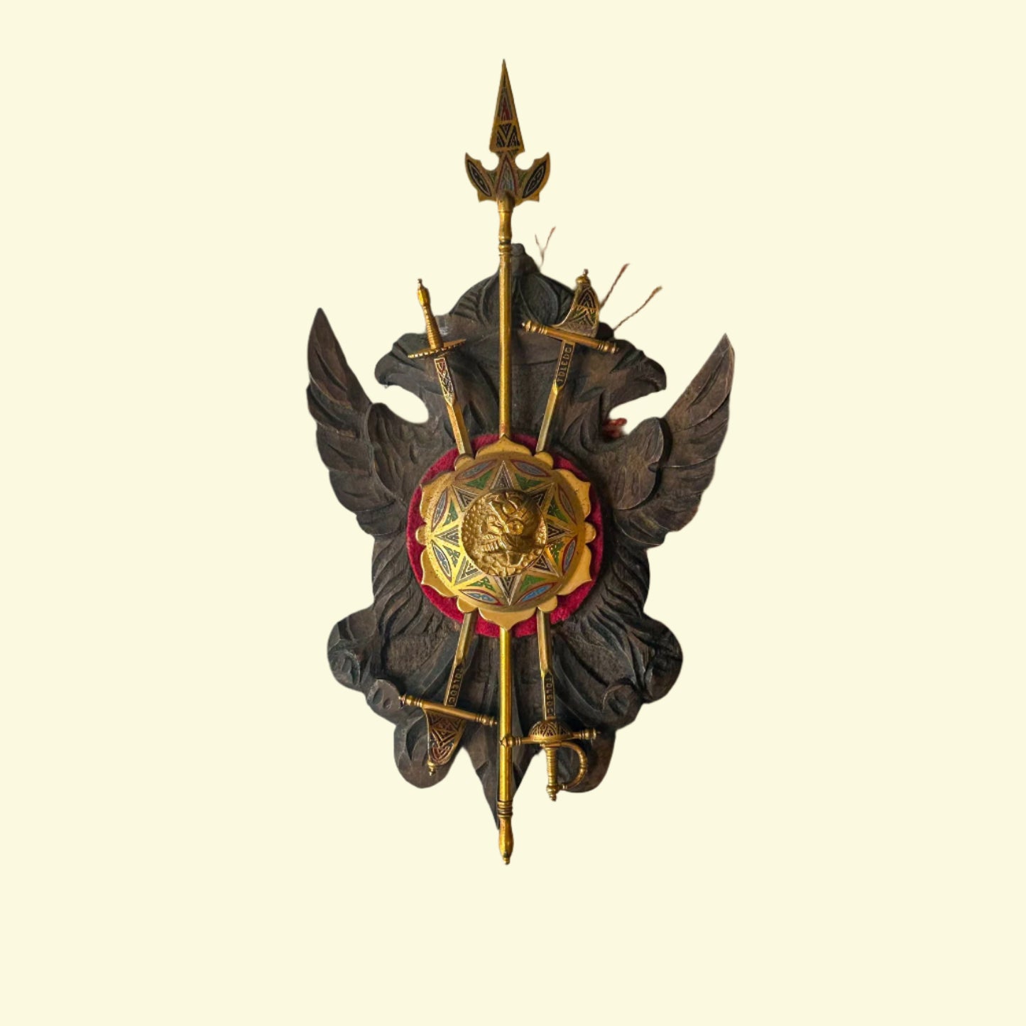 Mid-Century Spanish Toledo Miniature Armory Wall Plaque | Hand-Carved Heraldic Crest with Swords, Shield & Spear