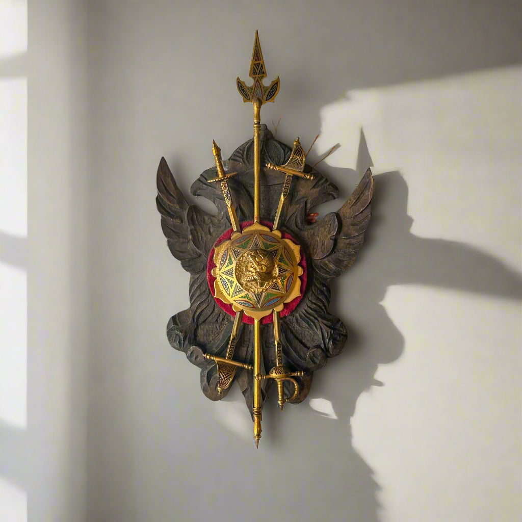 Mid-Century Spanish Toledo Miniature Armory Wall Plaque | Hand-Carved Heraldic Crest with Swords, Shield & Spear