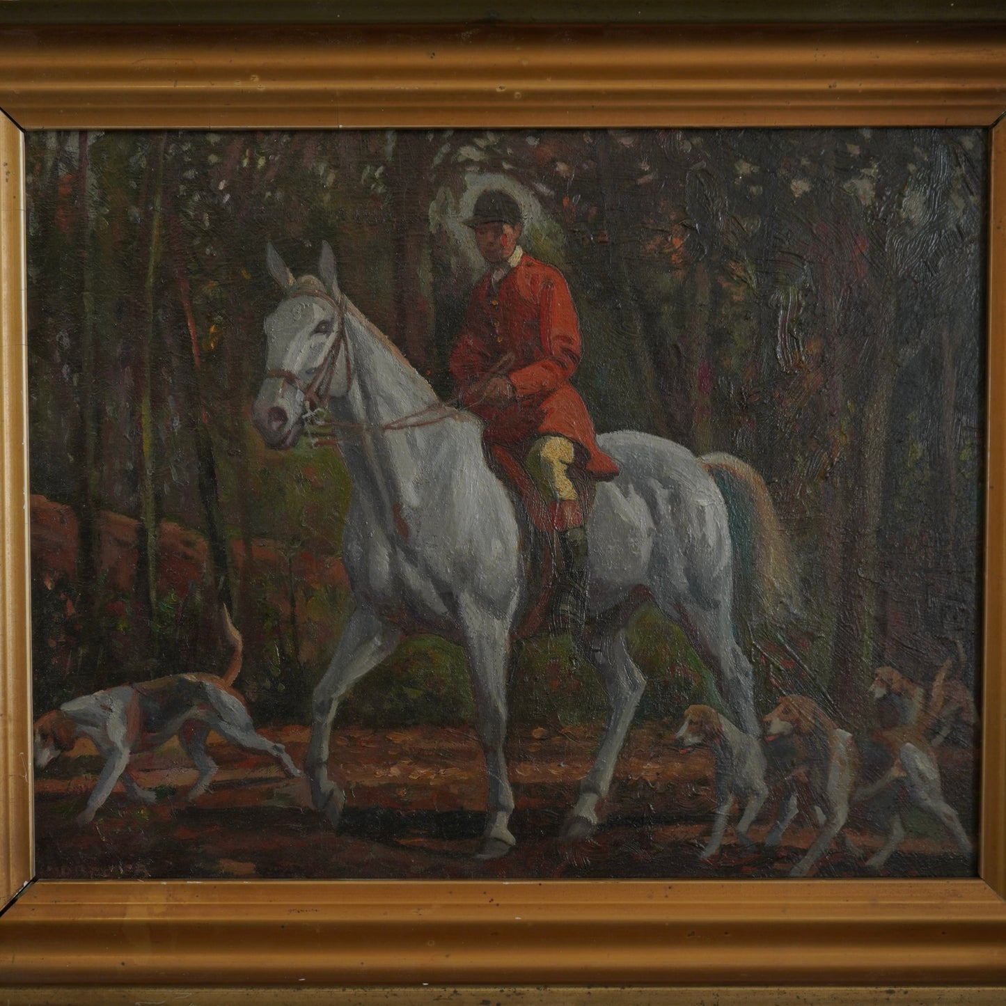 “Fox Hunt” Original British Sporting Art by Geoffrey Mortimer (1895–1986) – Mid 20th-Century British Equestrian Oil Painting in Antique Gilt Frame