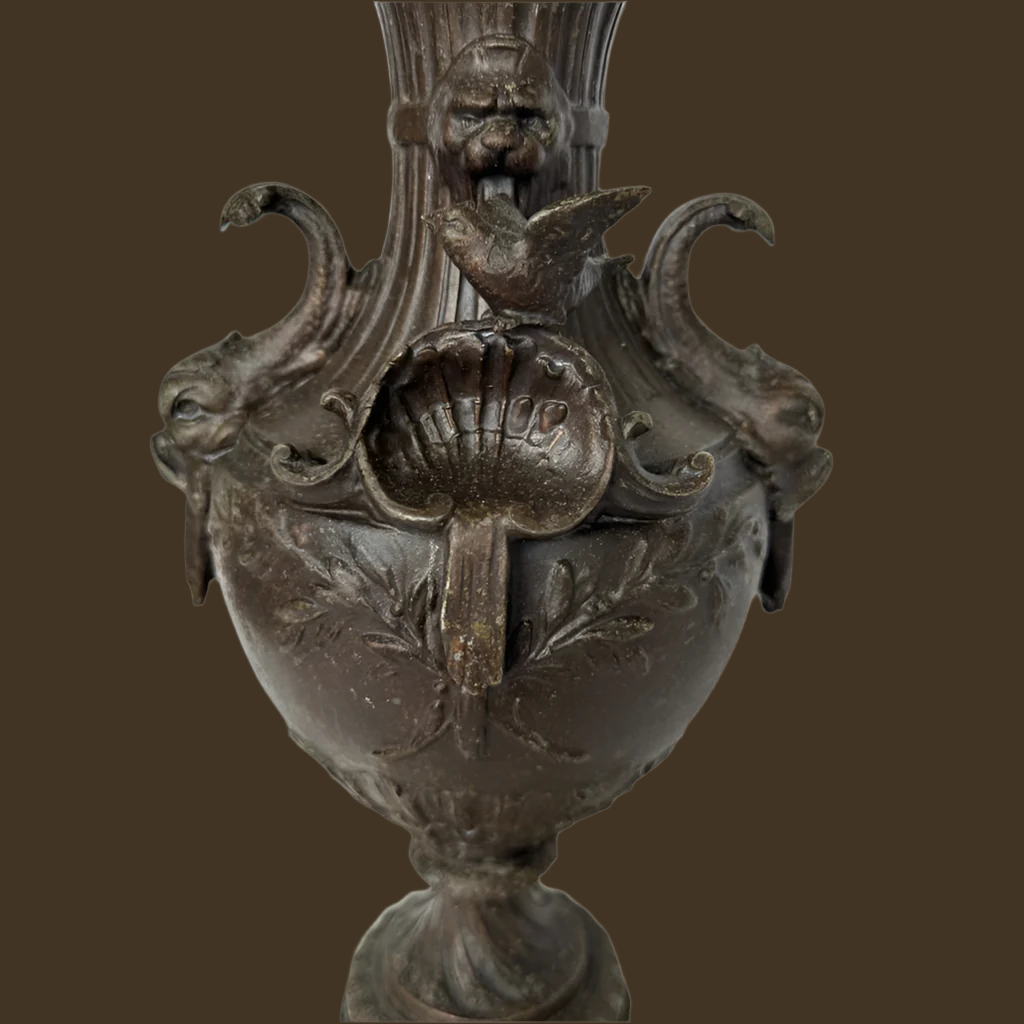 ^ Pair of 19th Century French Napoleon III Style Spelter & Marble Urns