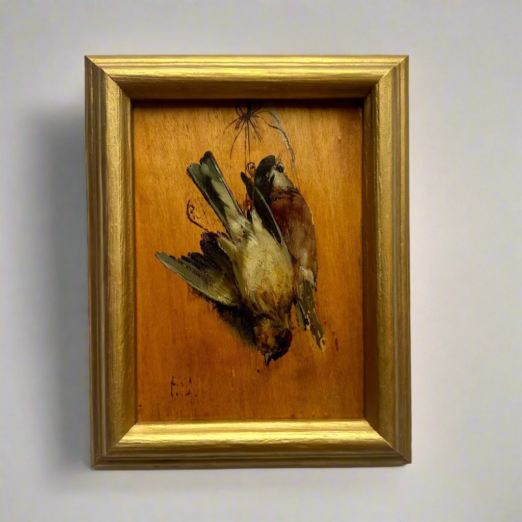 Pair of French “Art Mort” Oil Studies – 1920s Trompe-l’Œil Bird Paintings on Wood Panel, Signed F.S.