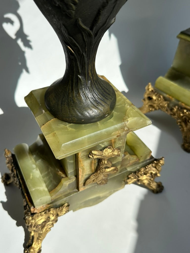 ^ Pair of Antique French Neoclassical Spelter and Onyx Urns with Gilt Brass Accents