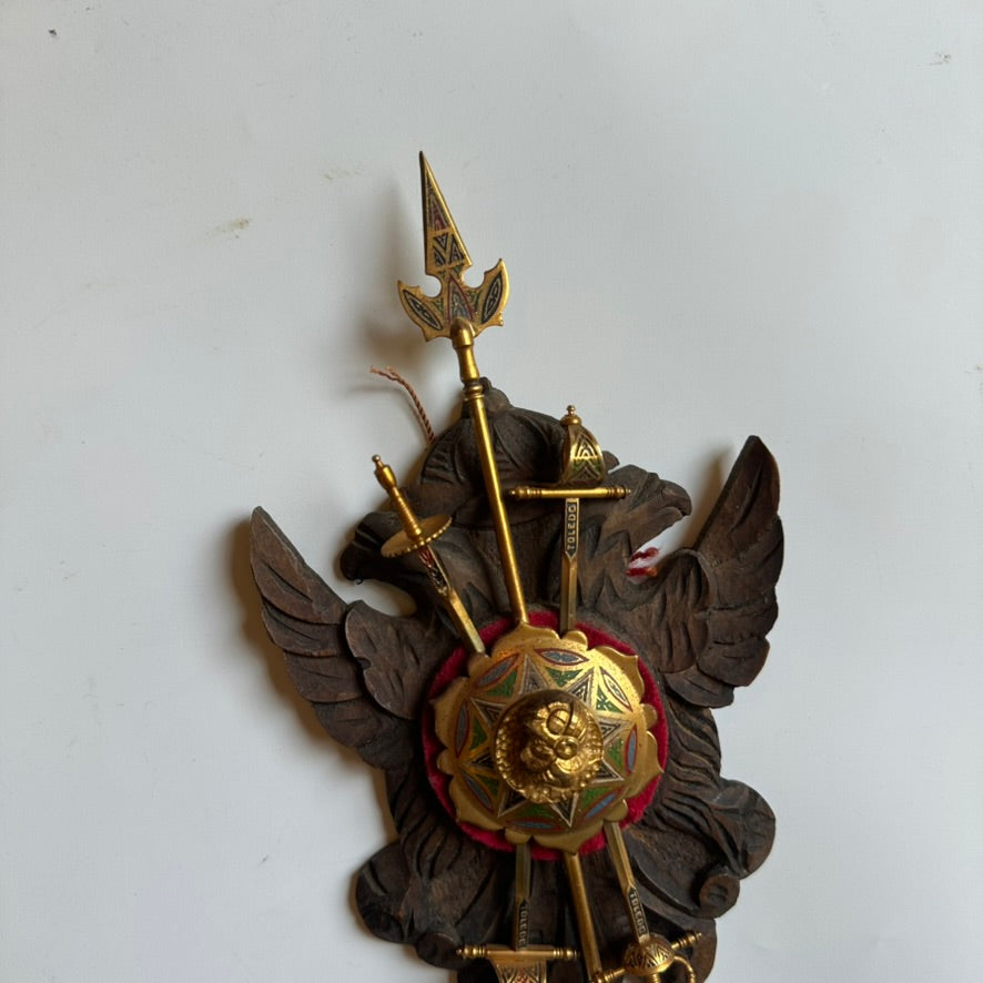 Mid-Century Spanish Toledo Miniature Armory Wall Plaque | Hand-Carved Heraldic Crest with Swords, Shield & Spear