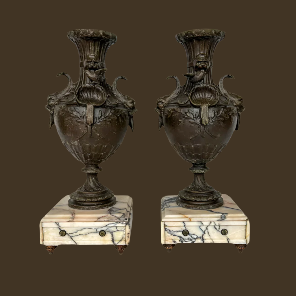^ Pair of 19th Century French Napoleon III Style Spelter & Marble Urns
