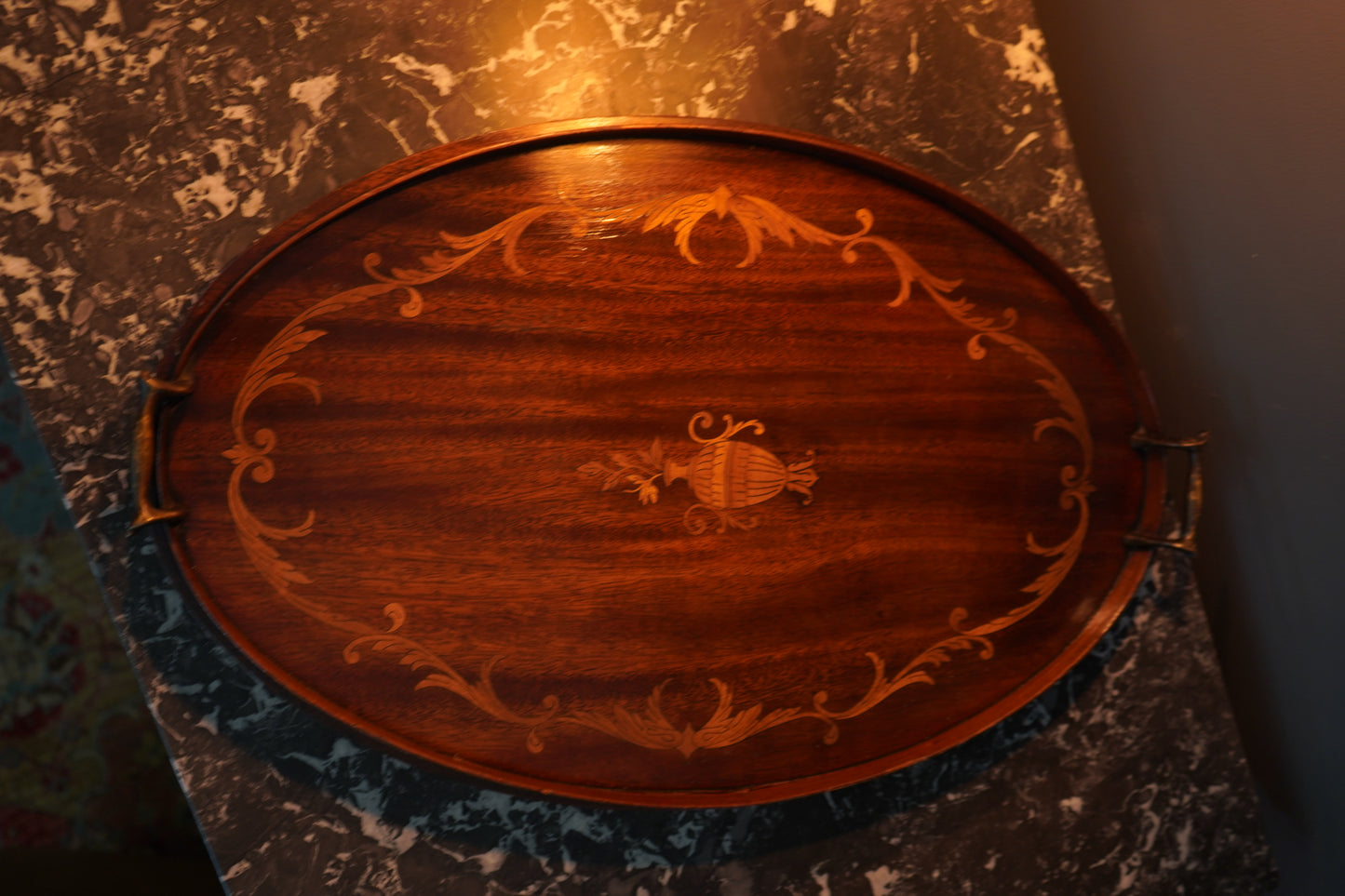 Edwardian Inlaid Mahogany Tray with Marquetry Urn Motif & Brass Handles, c.1900