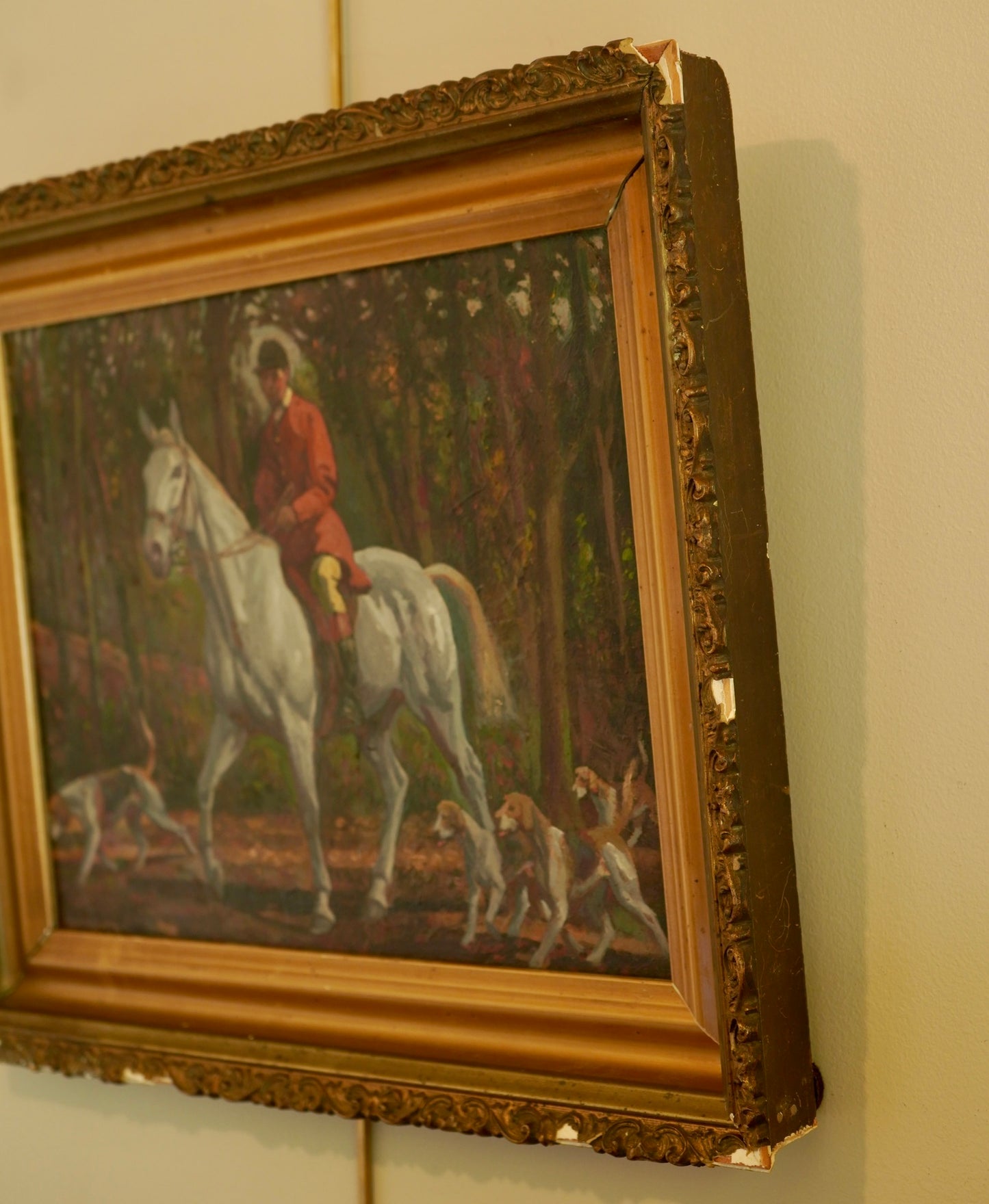 “Fox Hunt” Original British Sporting Art by Geoffrey Mortimer (1895–1986) – Mid 20th-Century British Equestrian Oil Painting in Antique Gilt Frame