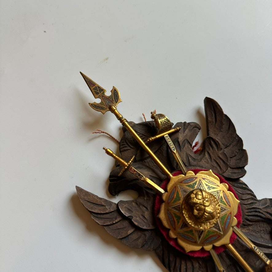 Mid-Century Spanish Toledo Miniature Armory Wall Plaque | Hand-Carved Heraldic Crest with Swords, Shield & Spear