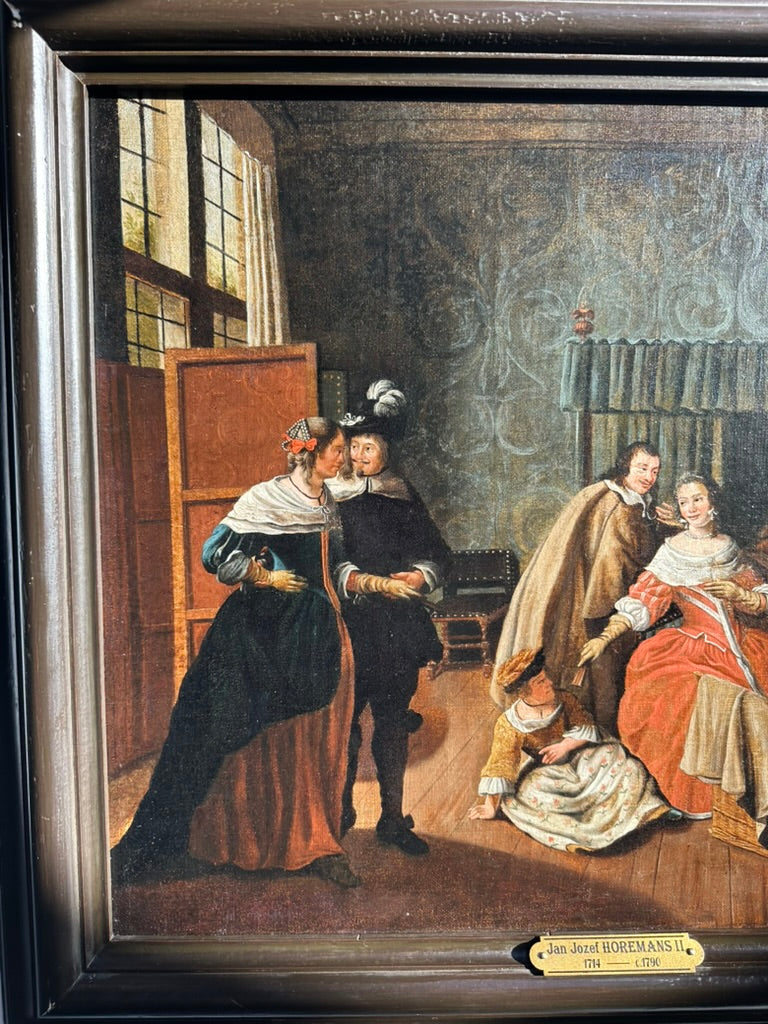 "Meeting in the Parlour" Oil on Canvas Attributed to Jan Josef Horemans (Belgium artist, 1714-1790)