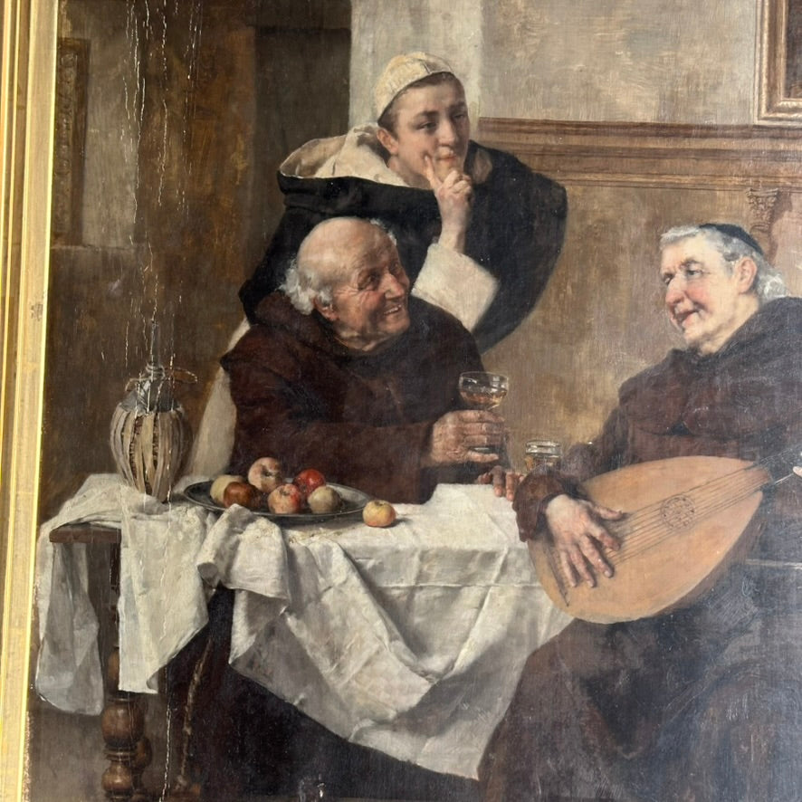 Late 1800s Monk Oil Painting Attributed to Heinrich Weber (1843-1913) in Ornate Gilded Frame