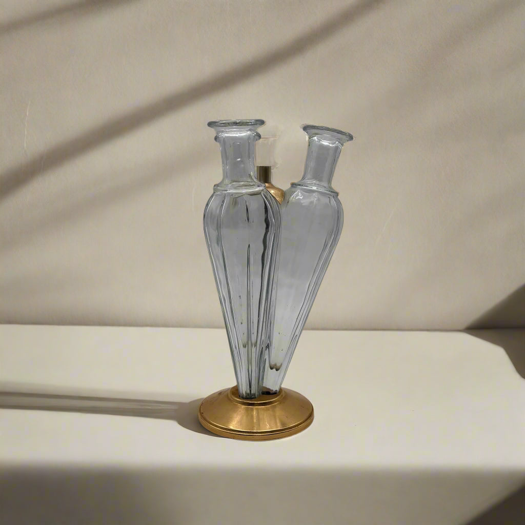 Vintage Triple Bud Vase | Mid Century Modern Glass Flutes on Gilded Base