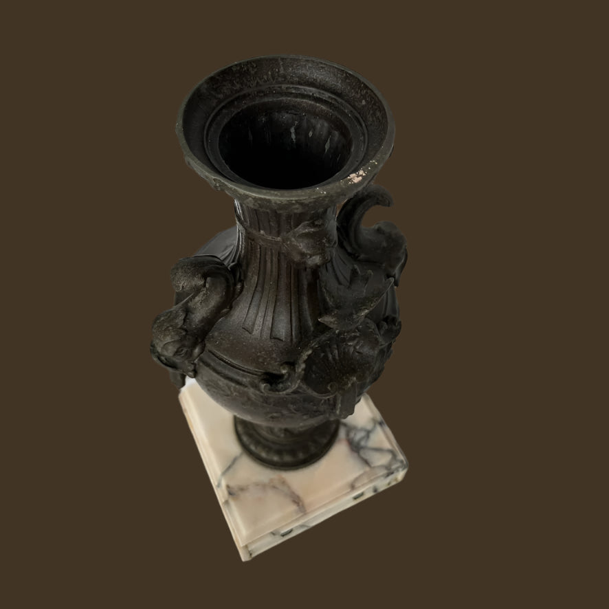 ^ Pair of 19th Century French Napoleon III Style Spelter & Marble Urns
