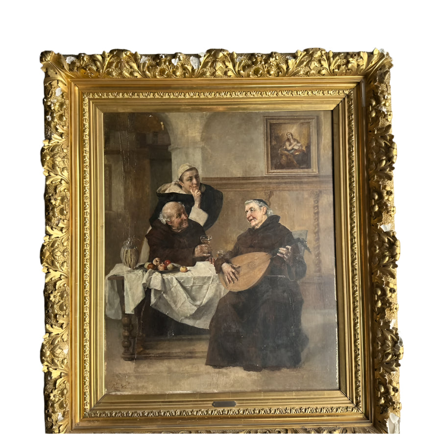 Late 1800s Monk Oil Painting Attributed to Heinrich Weber (1843-1913) in Ornate Gilded Frame
