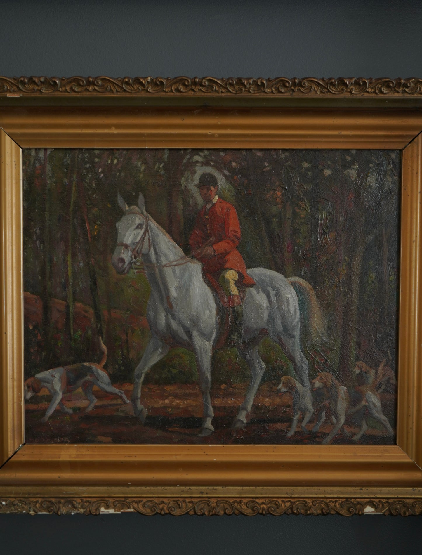 “Fox Hunt” Original British Sporting Art by Geoffrey Mortimer (1895–1986) – Mid 20th-Century British Equestrian Oil Painting in Antique Gilt Frame