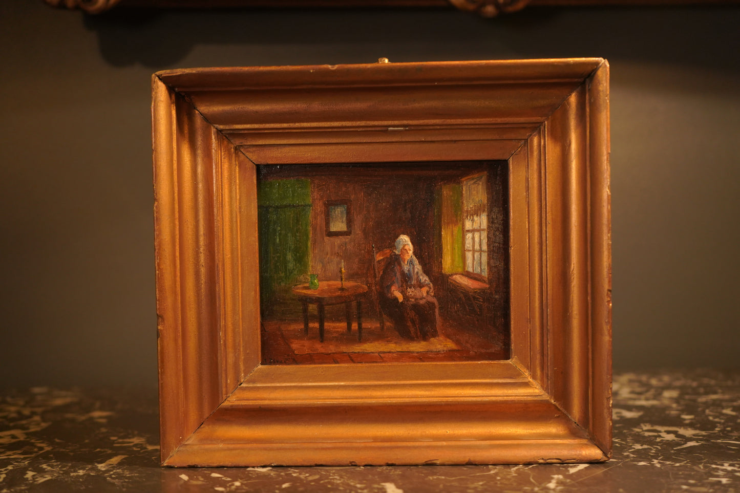 Antique Victorian Interior Scene Oil on Board, Small Antique English Oil Painting