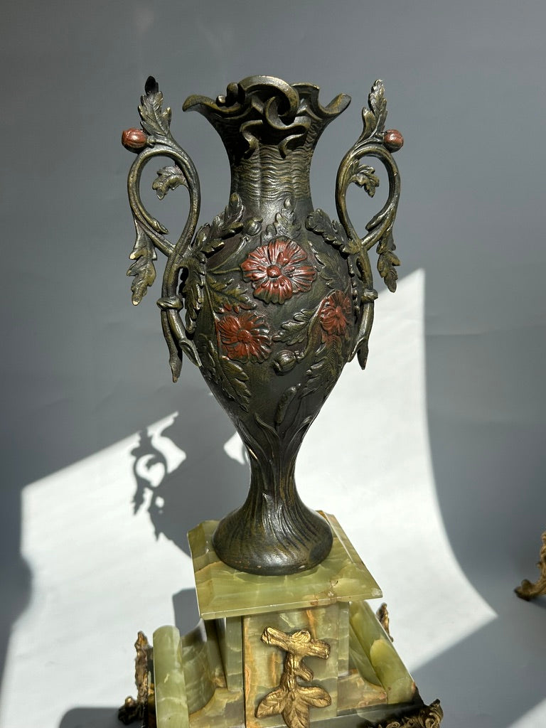 ^ Pair of Antique French Neoclassical Spelter and Onyx Urns with Gilt Brass Accents